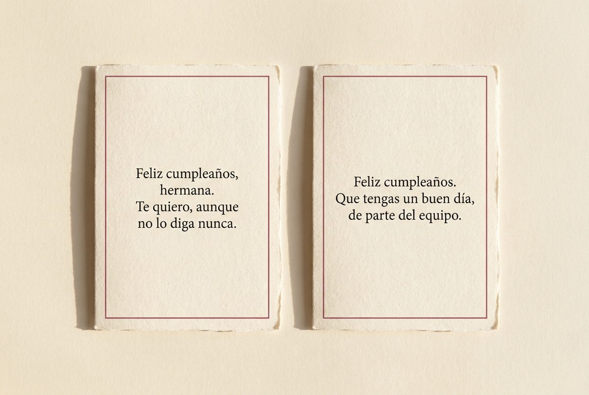 Dos tarjetas de cumpleaños iguales, de papel crema hecho a mano con filete rosa oscuro, una junto a otra en plano cenital. La de la izquierda dice «Feliz cumpleaños, hermana. Te quiero, aunque no lo diga nunca»; la de la derecha, «Feliz cumpleaños. Que tengas un buen día, de parte del equipo». Mismo papel y misma ocasión, dos registros distintos.