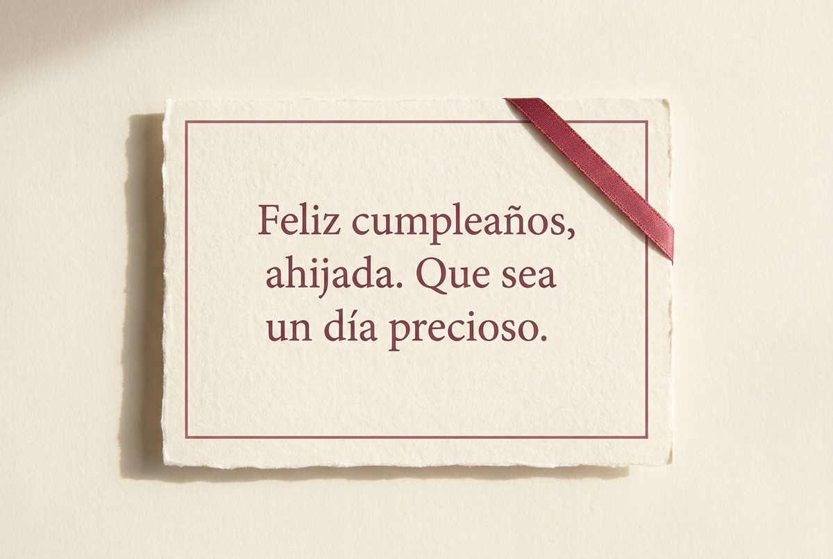 Tarjeta de cumpleaños de papel crema hecho a mano, con borde deckle y un filete impreso en rosa oscuro, fotografiada en plano cenital. En la tarjeta se lee «Feliz cumpleaños, ahijada. Que sea un día precioso.». Al lado, una cinta de raso burdeos cruzando la esquina superior derecha.