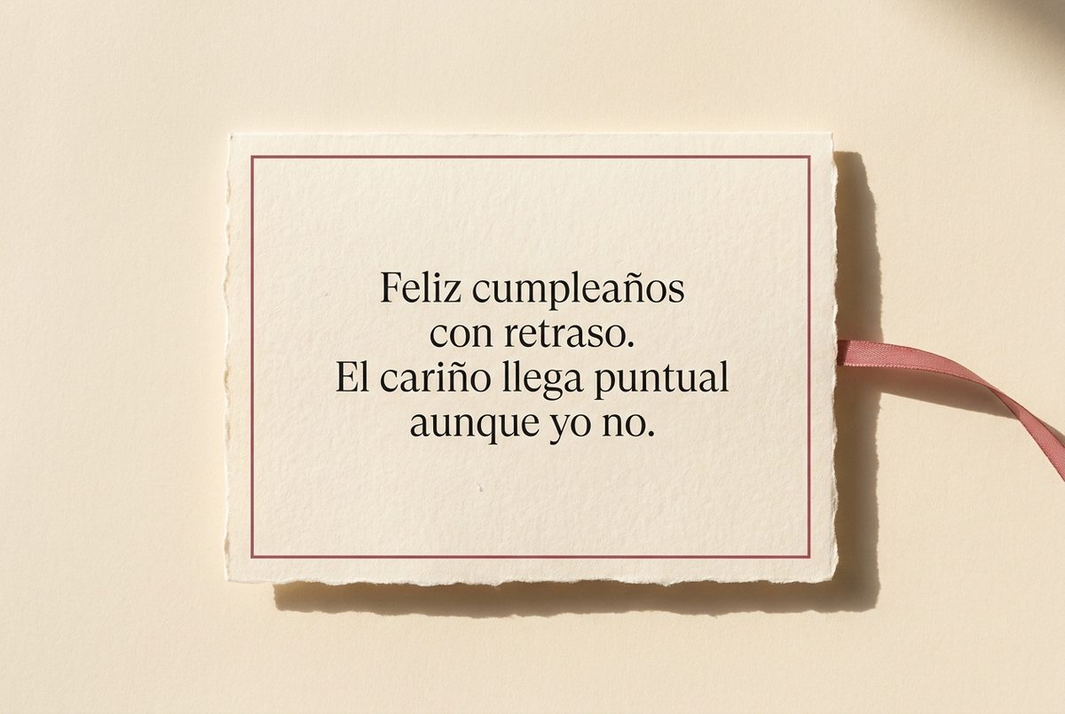 Tarjeta de cumpleaños de papel crema hecho a mano, con borde deckle y un filete impreso en rosa oscuro, fotografiada en plano cenital. En la tarjeta se lee «Feliz cumpleaños con retraso. El cariño llega puntual aunque yo no.». Al lado, una cinta rosa que sale por el borde derecho.