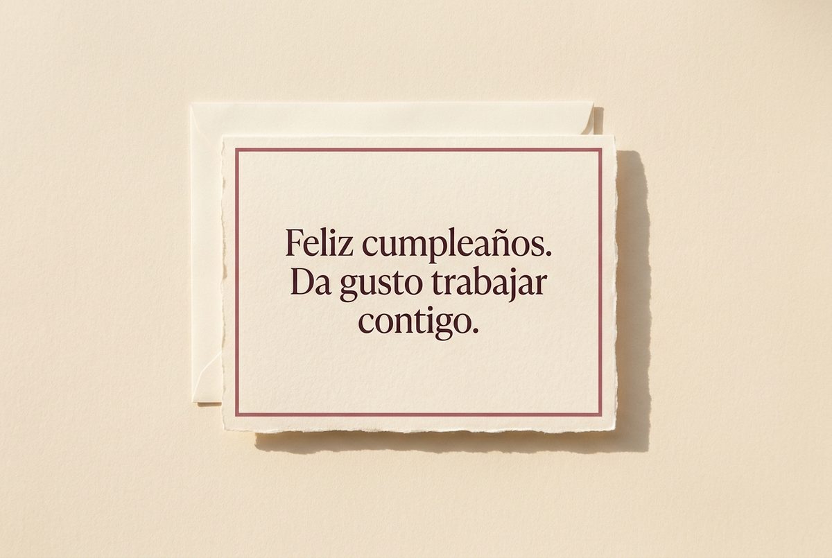 Tarjeta de cumpleaños de papel crema hecho a mano, con borde deckle y un filete impreso en rosa oscuro, fotografiada en plano cenital. En la tarjeta se lee «Feliz cumpleaños. Da gusto trabajar contigo.». Al lado, un sobre crema colocado justo detrás.