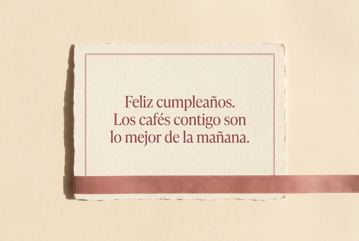 Tarjeta de cumpleaños de papel crema hecho a mano, con borde deckle y un filete impreso en rosa oscuro, fotografiada en plano cenital. En la tarjeta se lee «Feliz cumpleaños. Los cafés contigo son lo mejor de la mañana.». Al lado, una cinta de raso rosa tendida a lo largo del borde inferior.