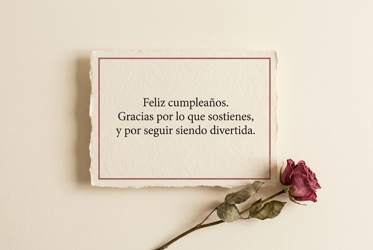 Tarjeta de cumpleaños de papel crema hecho a mano, con borde deckle y un filete impreso en rosa oscuro, fotografiada en plano cenital. En la tarjeta se lee «Feliz cumpleaños. Gracias por lo que sostienes, y por seguir siendo divertida.». Al lado, una rosa seca con su tallo tumbada bajo el borde derecho.