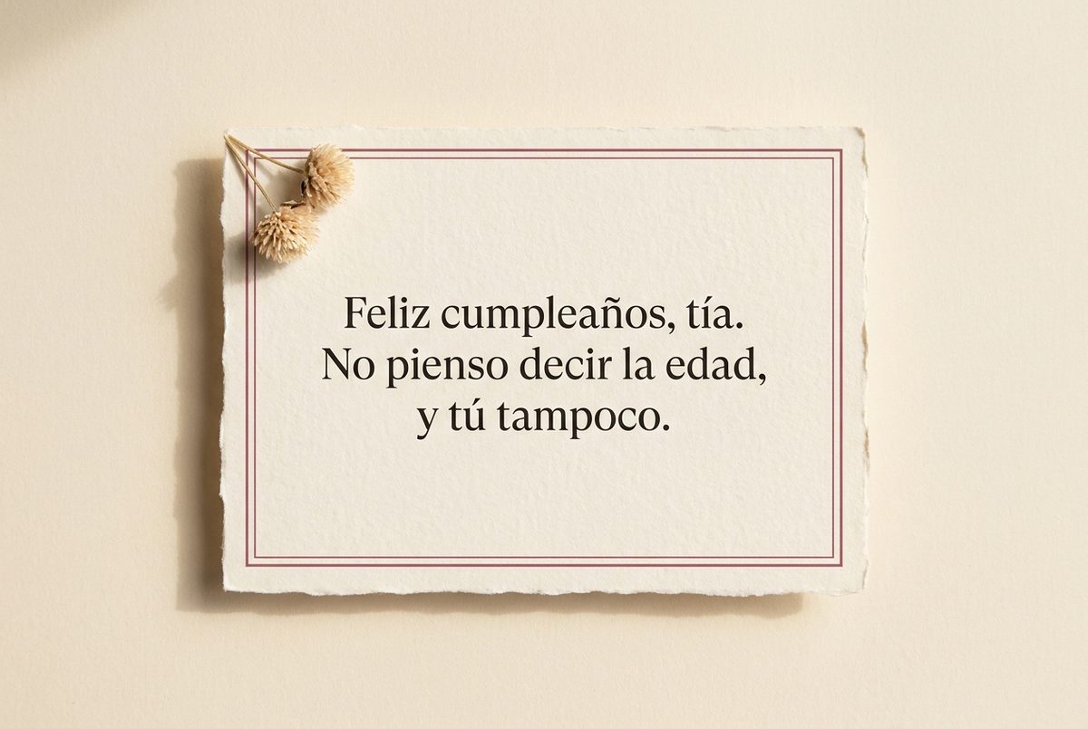 Tarjeta de cumpleaños de papel crema hecho a mano, con borde deckle y un filete impreso en rosa oscuro, fotografiada en plano cenital. En la tarjeta se lee «Feliz cumpleaños, tía. No pienso decir la edad, y tú tampoco.». Al lado, dos flores secas diminutas en la esquina superior izquierda.