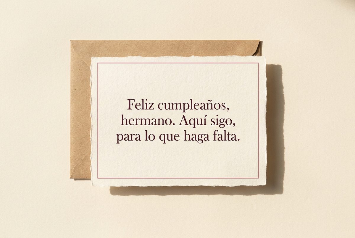 Tarjeta de cumpleaños de papel crema hecho a mano, con borde deckle y un filete impreso en rosa oscuro, fotografiada en plano cenital. En la tarjeta se lee «Feliz cumpleaños, hermano. Aquí sigo, para lo que haga falta.». Al lado, un sobre de papel kraft asomando por detrás.