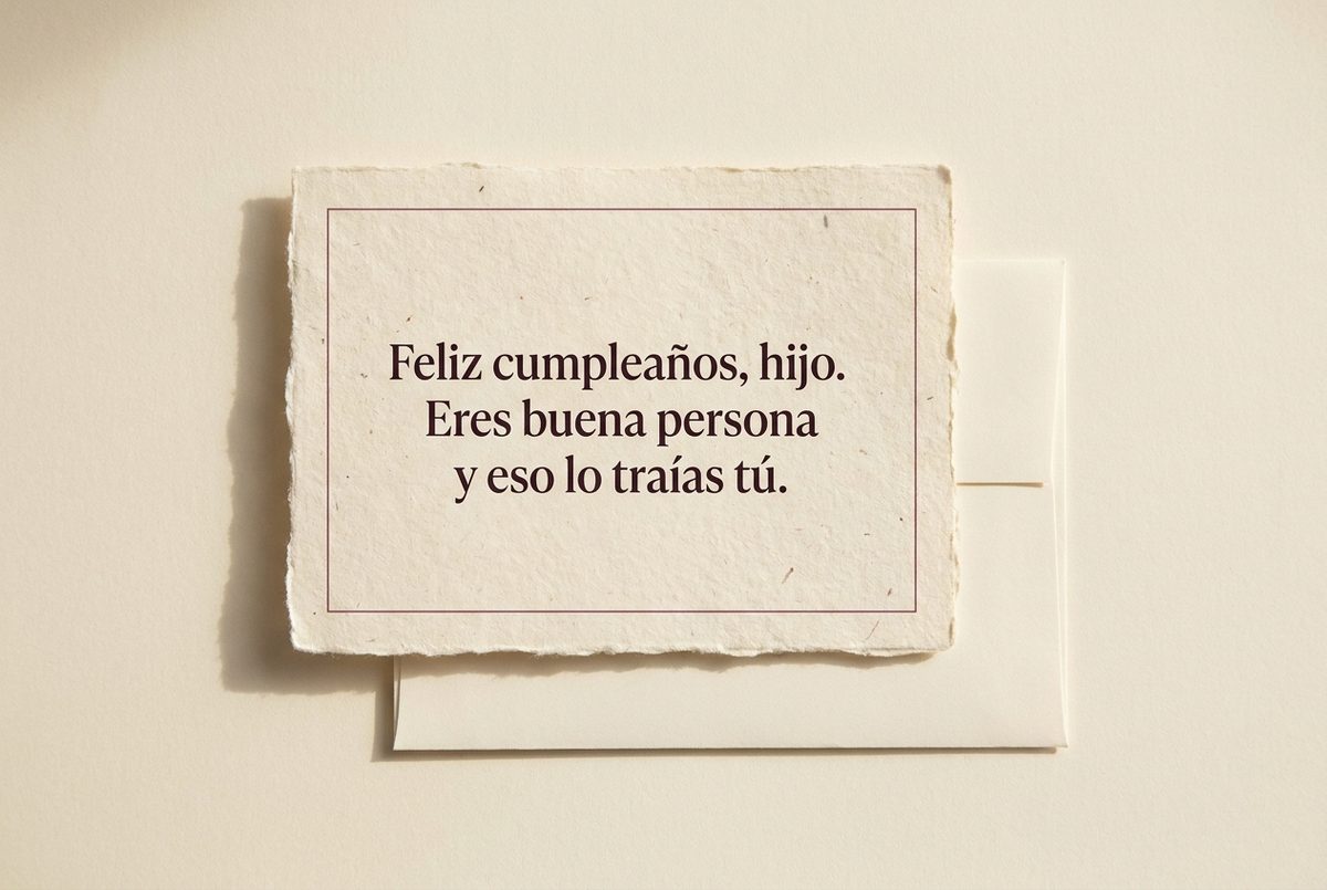 Tarjeta de cumpleaños de papel crema hecho a mano, con borde deckle y un filete impreso en rosa oscuro, fotografiada en plano cenital. En la tarjeta se lee «Feliz cumpleaños, hijo. Eres buena persona y eso lo traías tú.». Al lado, un sobre crema asomando por el borde derecho.