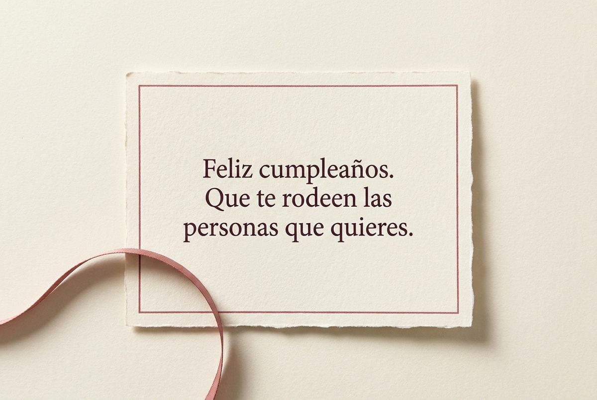 Tarjeta de cumpleaños de papel crema hecho a mano, con borde deckle y un filete impreso en rosa oscuro, fotografiada en plano cenital. En la tarjeta se lee «Feliz cumpleaños. Que te rodeen las personas que quieres.». Al lado, una cinta de raso rosa que describe una curva bajo la esquina inferior izquierda.