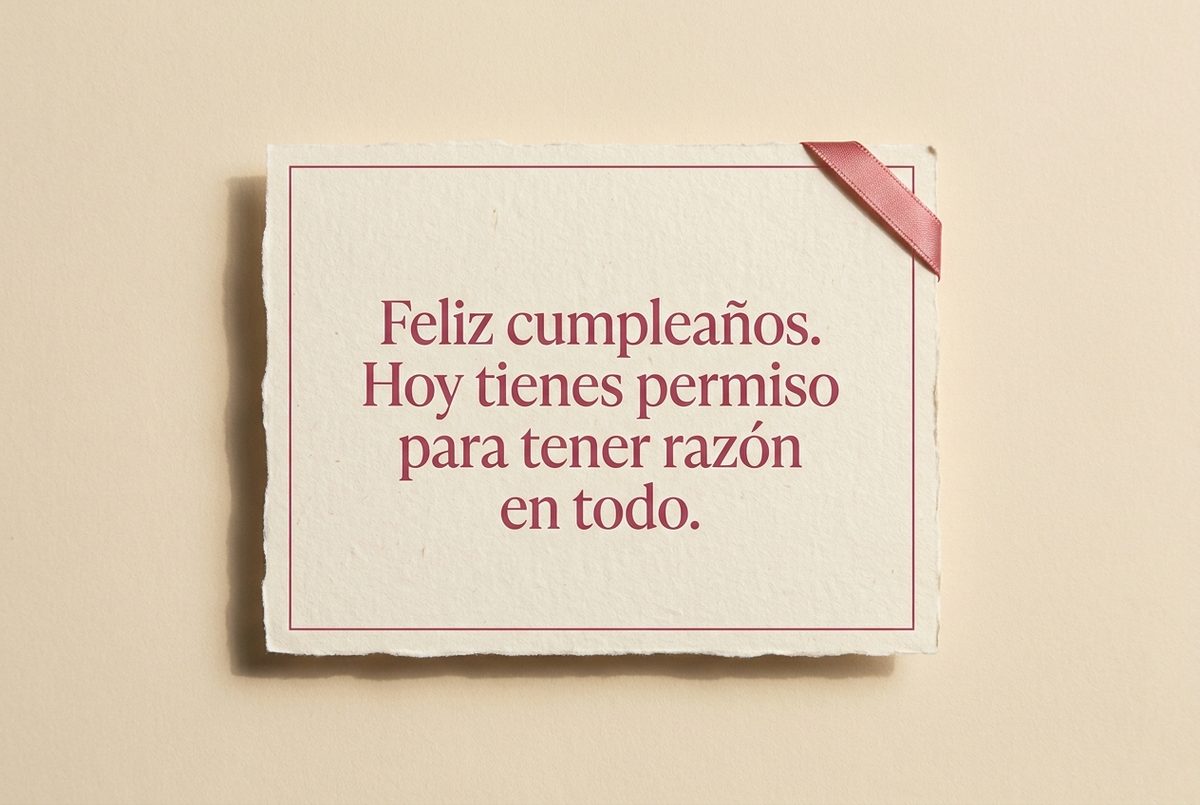 Tarjeta de cumpleaños de papel crema hecho a mano, con borde deckle y un filete impreso en rosa oscuro, fotografiada en plano cenital. En la tarjeta se lee «Feliz cumpleaños. Hoy tienes permiso para tener razón en todo.». Al lado, una cinta rosa doblada en la esquina superior derecha.