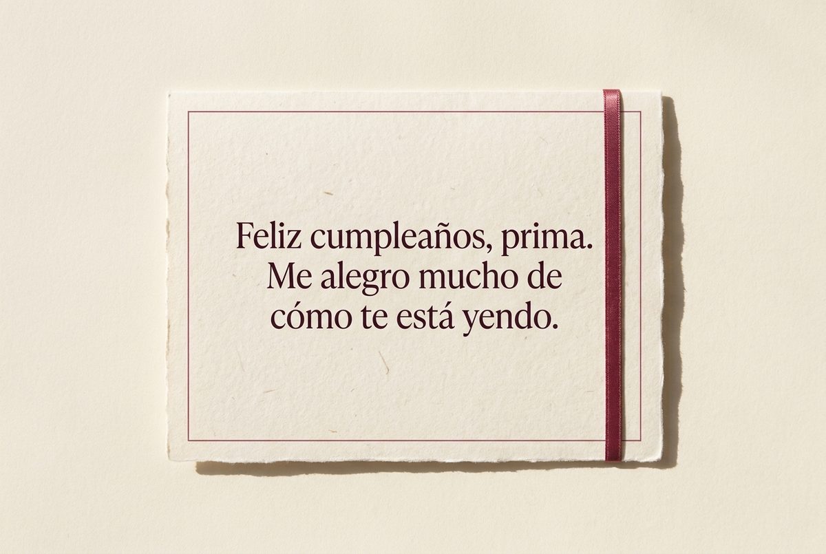 Tarjeta de cumpleaños de papel crema hecho a mano, con borde deckle y un filete impreso en rosa oscuro, fotografiada en plano cenital. En la tarjeta se lee «Feliz cumpleaños, prima. Me alegro mucho de cómo te está yendo.». Al lado, una cinta de raso burdeos vertical junto al borde derecho.