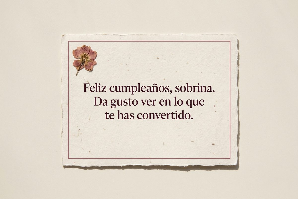 Tarjeta de cumpleaños de papel crema hecho a mano, con borde deckle y un filete impreso en rosa oscuro, fotografiada en plano cenital. En la tarjeta se lee «Feliz cumpleaños, sobrina. Da gusto ver en lo que te has convertido.». Al lado, una flor prensada rosa en la esquina superior izquierda de la tarjeta.