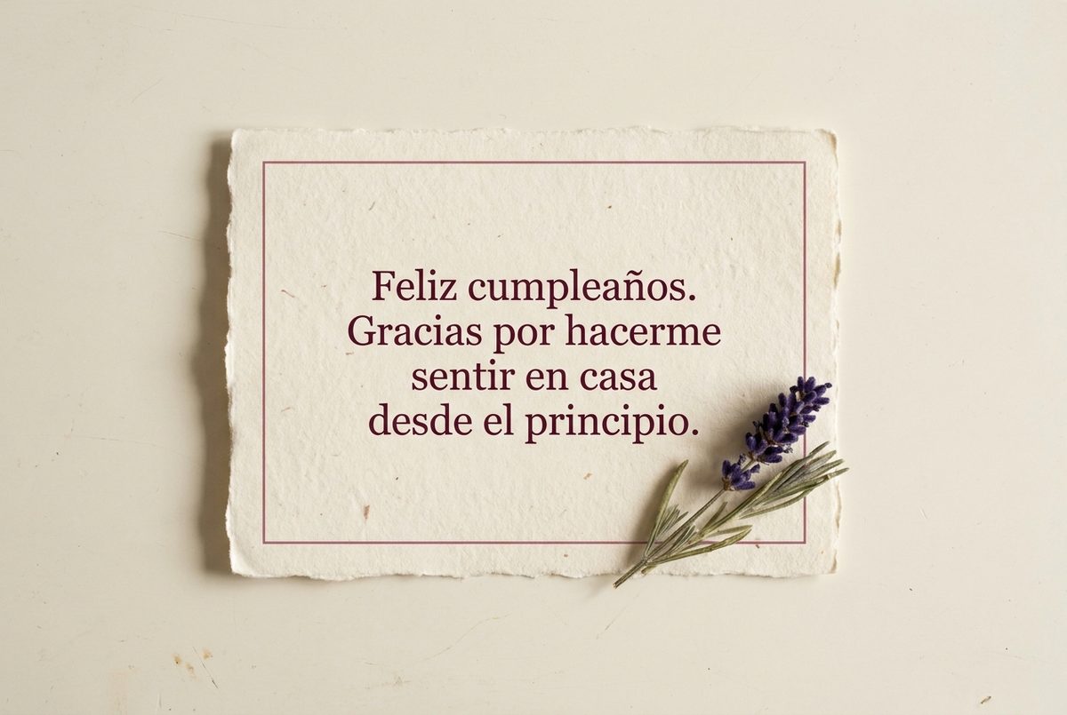 Tarjeta de cumpleaños de papel crema hecho a mano, con borde deckle y un filete impreso en rosa oscuro, fotografiada en plano cenital. En la tarjeta se lee «Feliz cumpleaños. Gracias por hacerme sentir en casa desde el principio.». Al lado, una ramita de lavanda seca apoyada en la esquina inferior derecha.